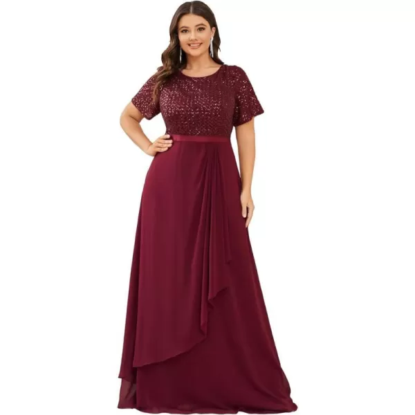 EverPretty Plus Womens Round Neck Short Sleeves Sequin Top ALine Maxi Chiffon Plus Size Formal Dress 01495PZBurgundy