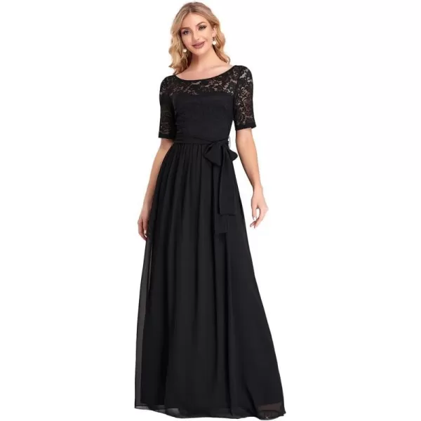 EverPretty Women Lace Illusion Short Sleeve Chiffon Wedding Party Dress 07624Black