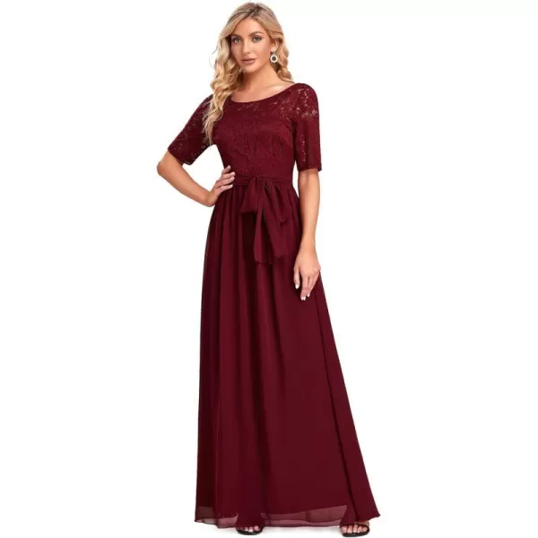 EverPretty Women Lace Illusion Short Sleeve Chiffon Wedding Party Dress 07624Burgundy