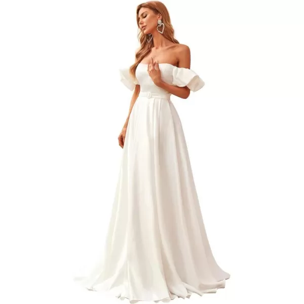 EverPretty Women Off The Shoulder Short Sleeve A Line Dress with Belt Wedding Dress 90360White