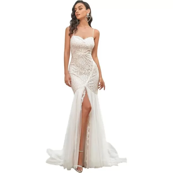 EverPretty Women Spaghetti Straps Long Lace Applique Bodycon Side Slit Mermaid Wedding Dress 90355White