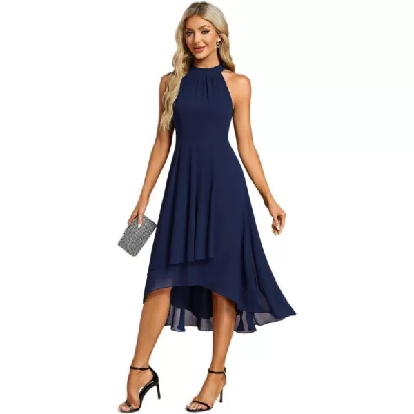 EverPretty Womens 2024 Summer Dress Sleeveless Halter Neck Pletaed High Low Chiffon Formal Dress for Evening Party 31926Navy Blue