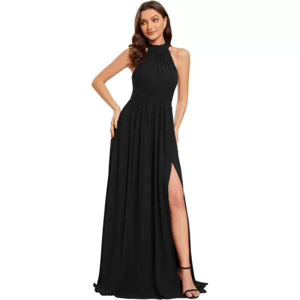 EverPretty Womens A Line Bowknot Halter Pleated Split Maxi Formal Dresses 02014Black