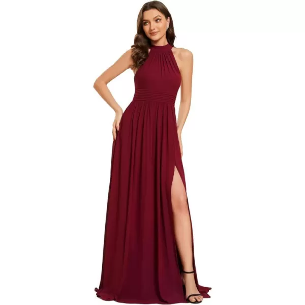 EverPretty Womens A Line Bowknot Halter Pleated Split Maxi Formal Dresses 02014Burgundy