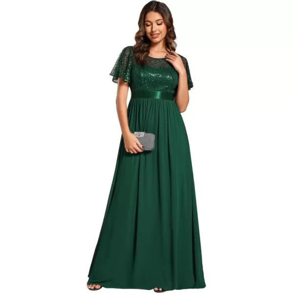 EverPretty Womens A Line Crew Neck Short Sleeve Sequin Floor Length Semi Formal Dress 02126Dark Green