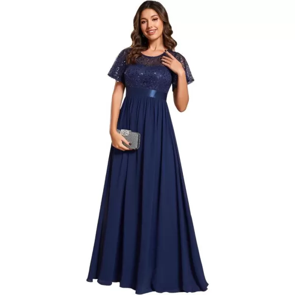 EverPretty Womens A Line Crew Neck Short Sleeve Sequin Floor Length Semi Formal Dress 02126Navy Blue