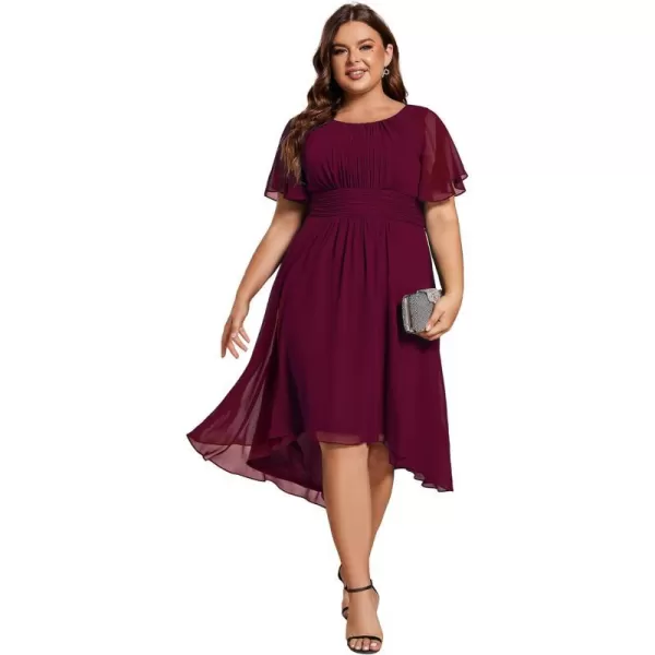 EverPretty Womens A Line Curvy Crew Neck Short Sleeves Pleated Plus Size High Low Wedding Guest Dresses 02053DABurgundy