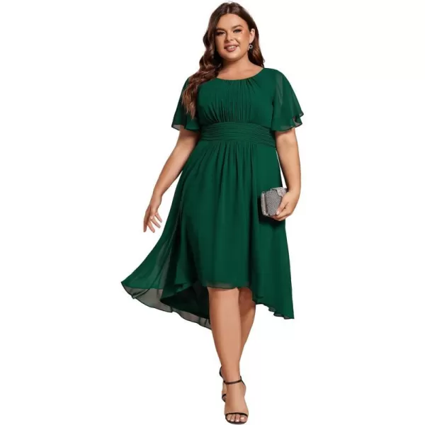 EverPretty Womens A Line Curvy Crew Neck Short Sleeves Pleated Plus Size High Low Wedding Guest Dresses 02053DADark Green