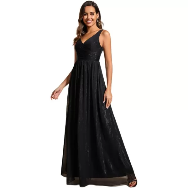 EverPretty Womens A Line Glitter Sleeveless Pleated V Neck Maxi Formal Dress 02096Black