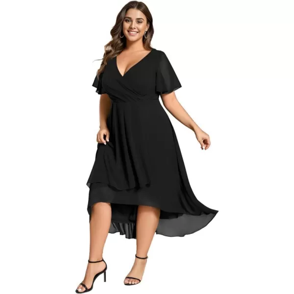 EverPretty Womens A Line Pleated V Neck Midi Plus Size Wedding Guest Dress with Long Sleeves 01926DAAblack