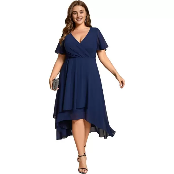 EverPretty Womens A Line Pleated V Neck Midi Plus Size Wedding Guest Dress with Long Sleeves 01926DAAnavy Blue