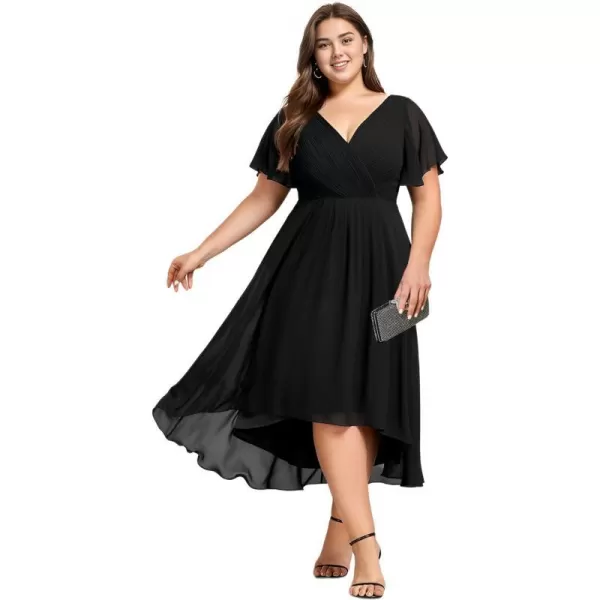 EverPretty Womens A Line Ruched V Neck Short Sleeves Knee Length Plus Size Wedding Guest Dresses for Curvy Women 01923DABlack