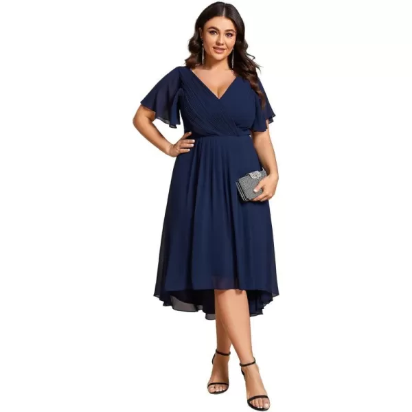 EverPretty Womens A Line Ruched V Neck Short Sleeves Knee Length Plus Size Wedding Guest Dresses for Curvy Women 01923DANavy Blue