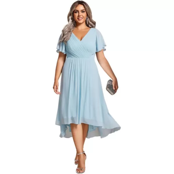 EverPretty Womens A Line Ruched V Neck Short Sleeves Knee Length Plus Size Wedding Guest Dresses for Curvy Women 01923DASky Blue