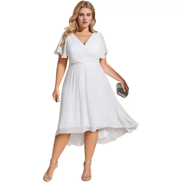 EverPretty Womens A Line Ruched V Neck Short Sleeves Knee Length Plus Size Wedding Guest Dresses for Curvy Women 01923DAWhite