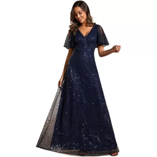 EverPretty Womens A Line Sequin Short Sleeves V Neck Maxi Evening Dresses 02120Navy Blue