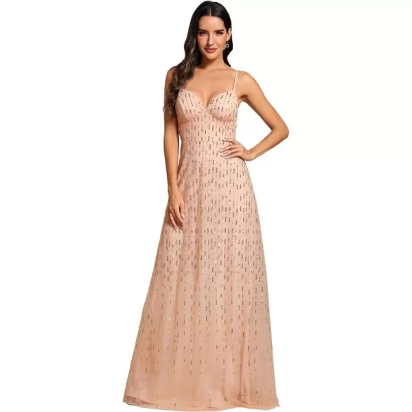 EverPretty Womens A Line Sequin Sleeveless Pleated V Neck Maxi Evening Dress 02121Rose Gold