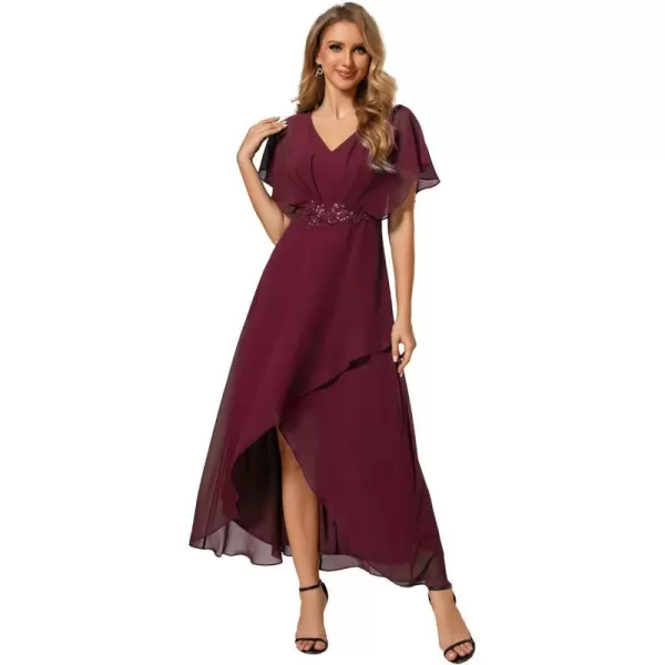 EverPretty Womens A Line V Neck Applique Tea Length Wedding Guest Dress 02027Burgundy