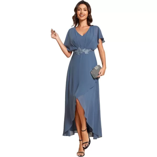 EverPretty Womens A Line V Neck Applique Tea Length Wedding Guest Dress 02027Dusty Navy