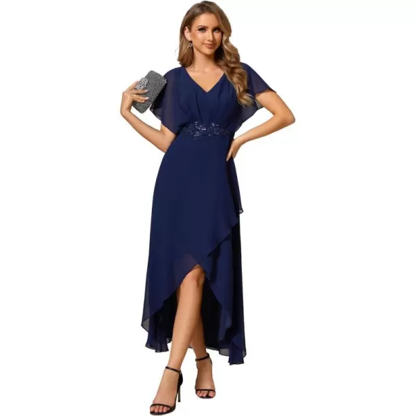 EverPretty Womens A Line V Neck Applique Tea Length Wedding Guest Dress 02027Navy Blue