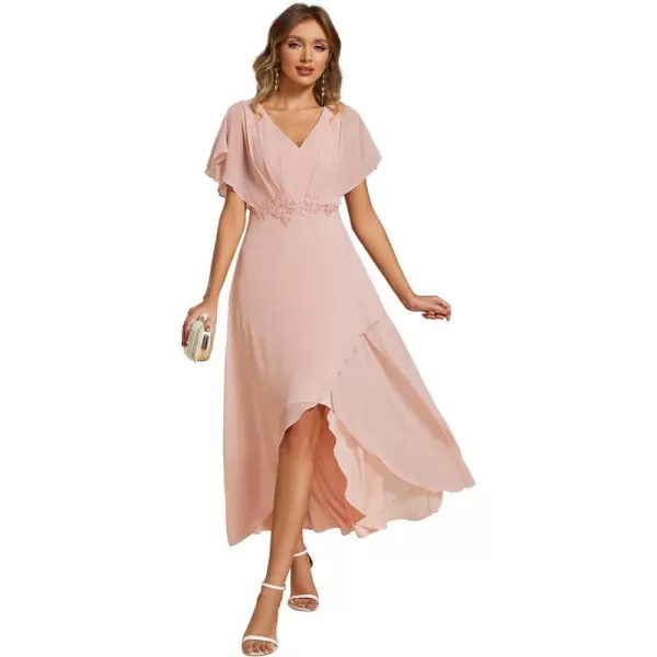 EverPretty Womens A Line V Neck Applique Tea Length Wedding Guest Dress 02027Pink