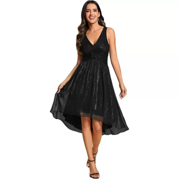 EverPretty Womens A Line V Neck Cocktail Dresses Sleeveless Pleated High Low Swing Party Dress 02135Black