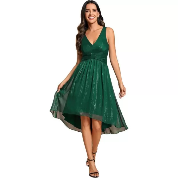 EverPretty Womens A Line V Neck Cocktail Dresses Sleeveless Pleated High Low Swing Party Dress 02135Deep Green