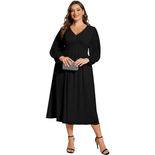 EverPretty Womens A Line V Neck Lantern Sleeves Midi Plus Size Formal Fresses for Curvy Women 01929DABlack