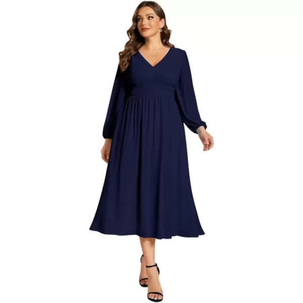 EverPretty Womens A Line V Neck Lantern Sleeves Midi Plus Size Formal Fresses for Curvy Women 01929DANavy Blue