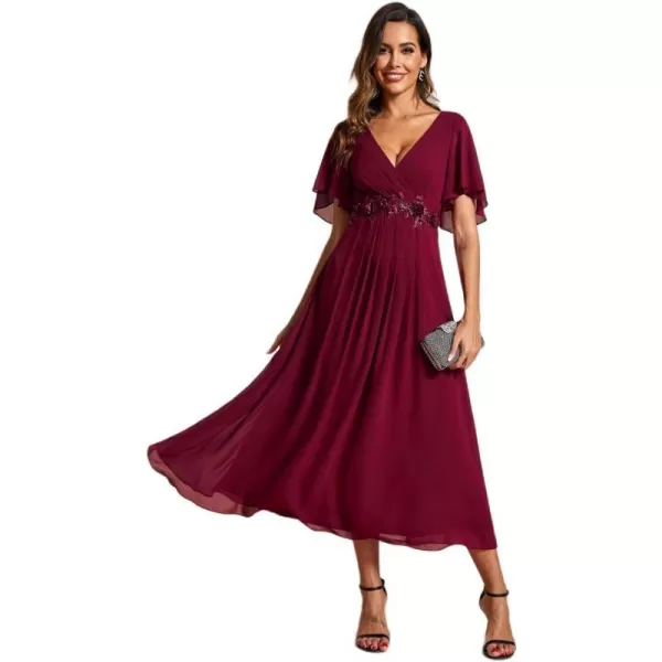 EverPretty Womens A Line V Neck Pleated Applique Pleated Tea Length Wedding Guest Dresses 02093Burgundy