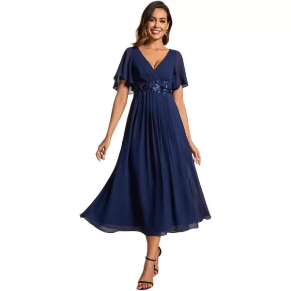 EverPretty Womens A Line V Neck Pleated Applique Pleated Tea Length Wedding Guest Dresses 02093Navy Blue