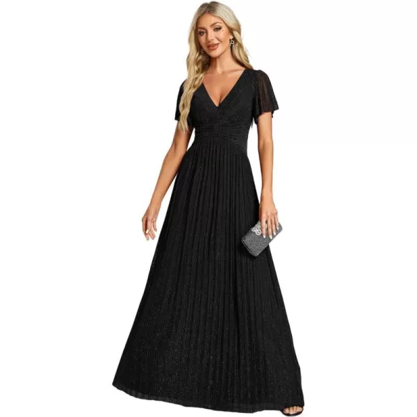 EverPretty Womens A Line V Neck Pleated Short Sleeves Maxi Evening Dresses 11961Black