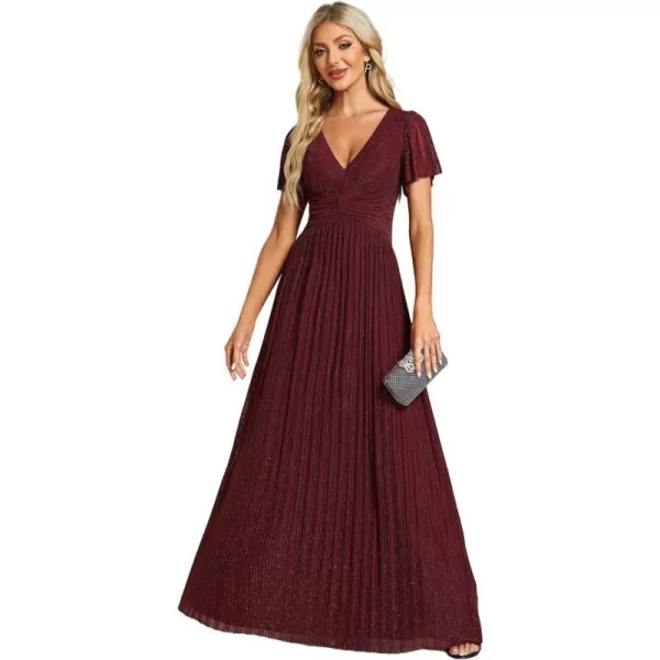 EverPretty Womens A Line V Neck Pleated Short Sleeves Maxi Evening Dresses 11961Burgundy