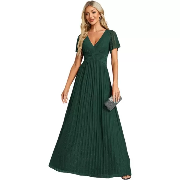 EverPretty Womens A Line V Neck Pleated Short Sleeves Maxi Evening Dresses 11961Dark Green