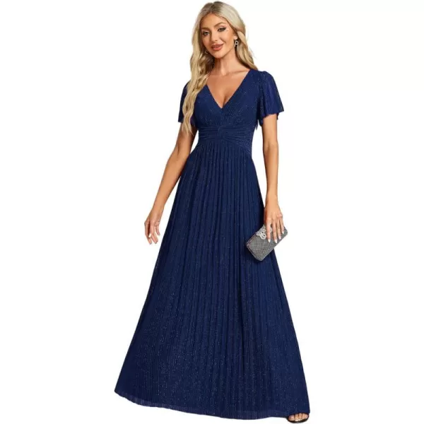 EverPretty Womens A Line V Neck Pleated Short Sleeves Maxi Evening Dresses 11961Navy Blue