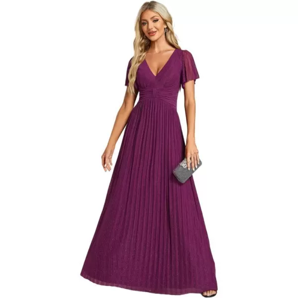 EverPretty Womens A Line V Neck Pleated Short Sleeves Maxi Evening Dresses 11961Purple Wisteria