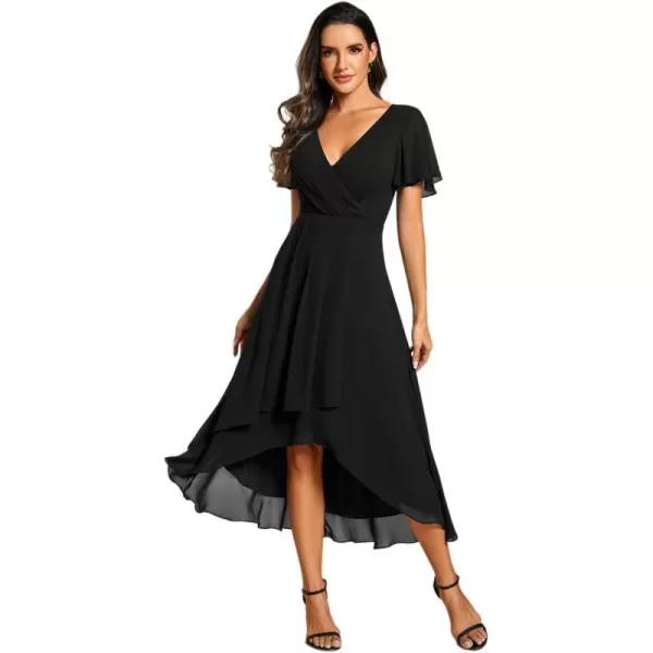 EverPretty Womens A Line V Neck Ruffle Sleeves Pleated High Low Formal Dresses 02084Black