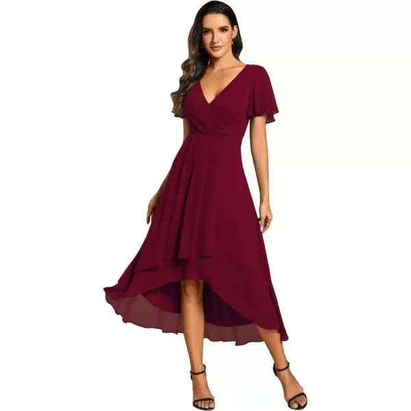 EverPretty Womens A Line V Neck Ruffle Sleeves Pleated High Low Formal Dresses 02084Burgundy