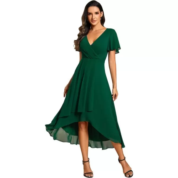 EverPretty Womens A Line V Neck Ruffle Sleeves Pleated High Low Formal Dresses 02084Dark Green