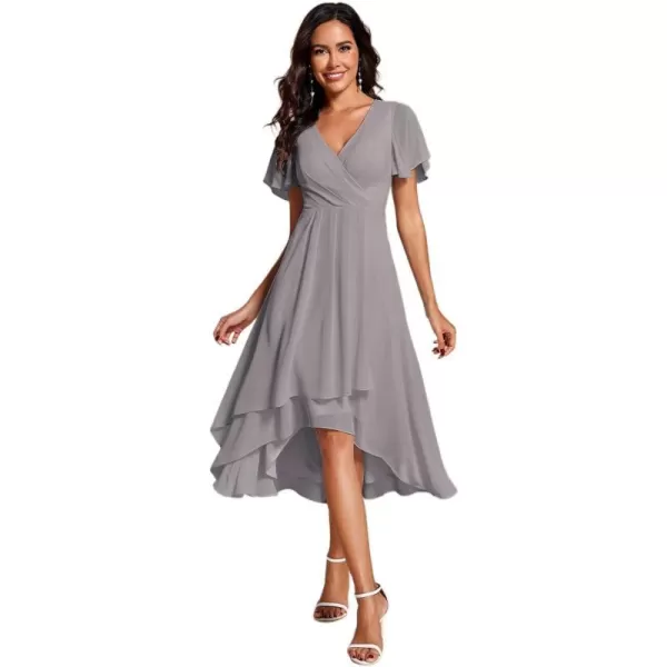 EverPretty Womens A Line V Neck Ruffle Sleeves Pleated High Low Formal Dresses 02084Grey