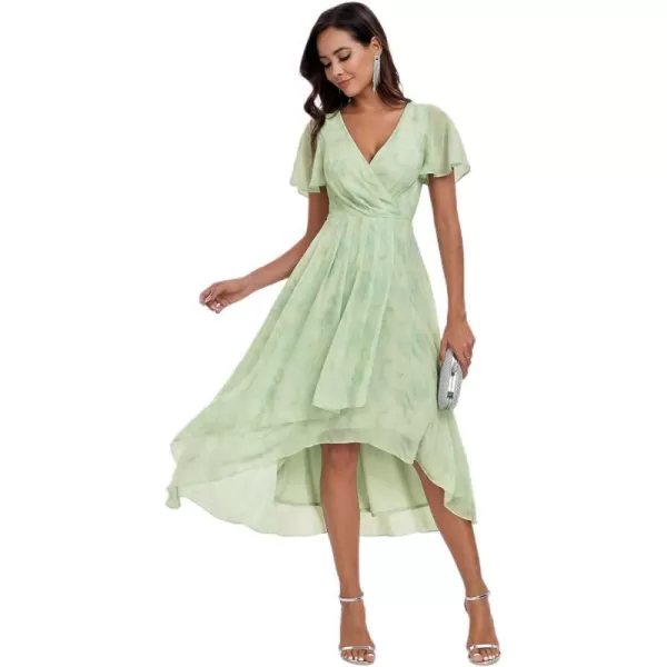 EverPretty Womens A Line V Neck Ruffle Sleeves Pleated High Low Formal Dresses 02084Light Green Roses