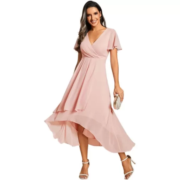 EverPretty Womens A Line V Neck Ruffle Sleeves Pleated High Low Formal Dresses 02084Pink