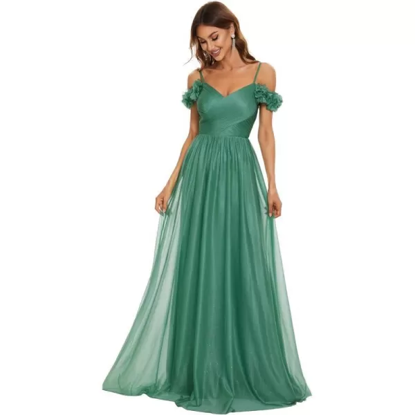 EverPretty Womens ALine Off Shoulder Spaghetti Strap Tulle Formal Evening Gowns 50183Green