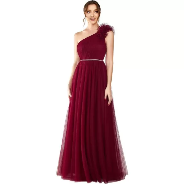 EverPretty Womens ALine OneShoulder Sleeveless Pleated Floral Tulle Glitter Maxi Evening Dress 01621Burgundy