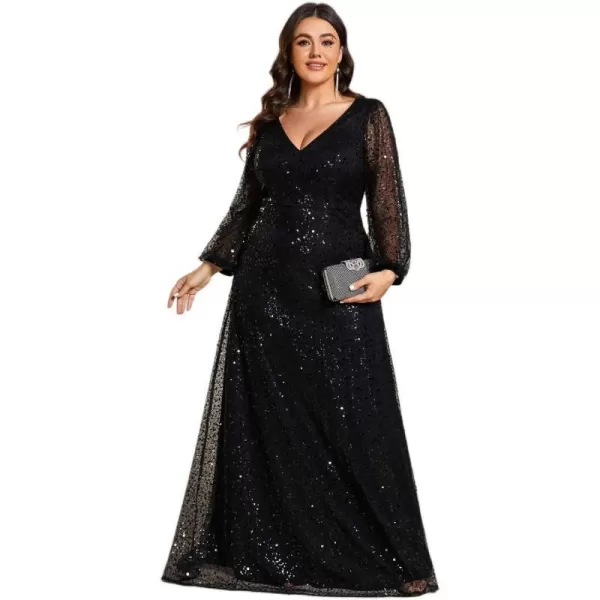 EverPretty Womens ALine V Neck Sheer Long Sleeves Sequin Tulle Plus Size Evening Dresses 01999DABlack