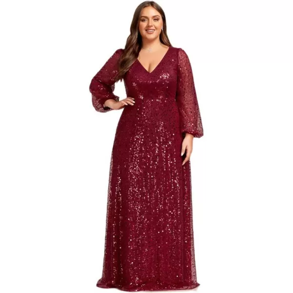 EverPretty Womens ALine V Neck Sheer Long Sleeves Sequin Tulle Plus Size Evening Dresses 01999DABurgundy