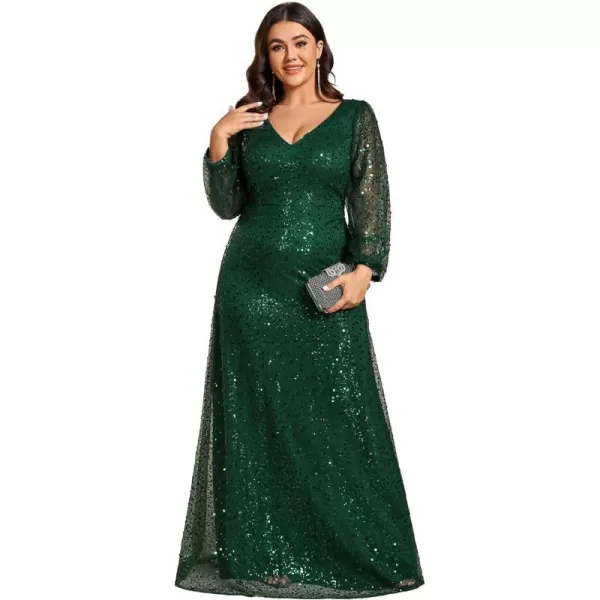 EverPretty Womens ALine V Neck Sheer Long Sleeves Sequin Tulle Plus Size Evening Dresses 01999DADark Green