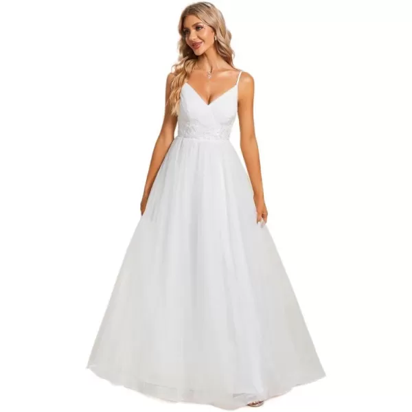 EverPretty Womens Aline VNeck Spaghetti Straps Appliques Tulle Elegant Wedding Dress 01909White