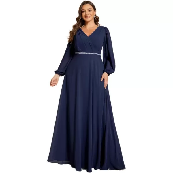 EverPretty Womens Beads Waist Long Sleeves V Neck Plus Size Formal Dresses 01981DANavy Blue