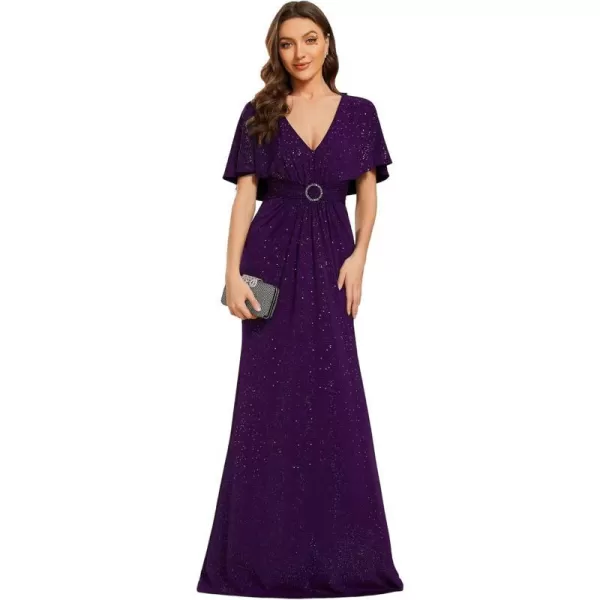 EverPretty Womens Bodycon Mermaid Pleated V Neck Long Glitter Evening Dress with Shawl 01891Deep Purple